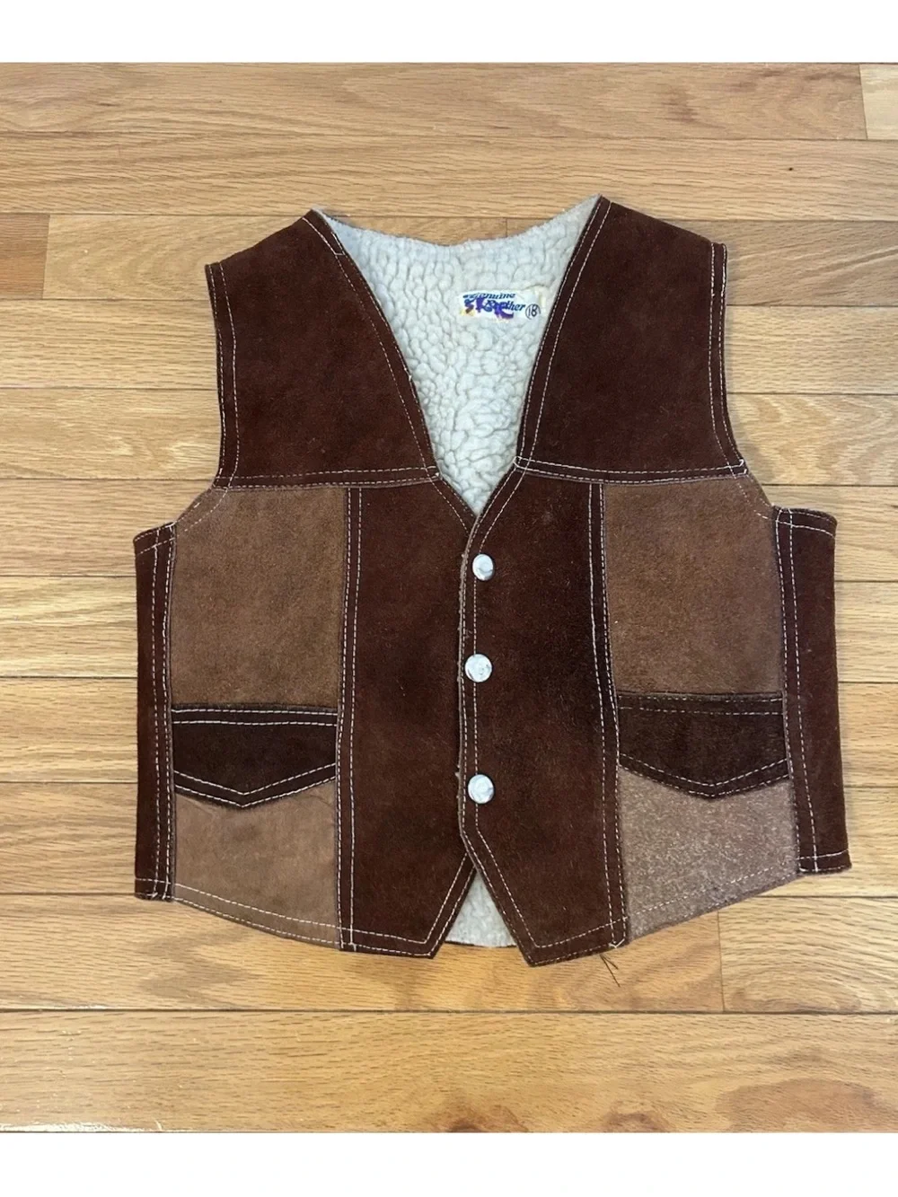Vintage 70s Kids Suede Leather Sherpa Vest Western Patchwork Mexico Sz 18 M/L